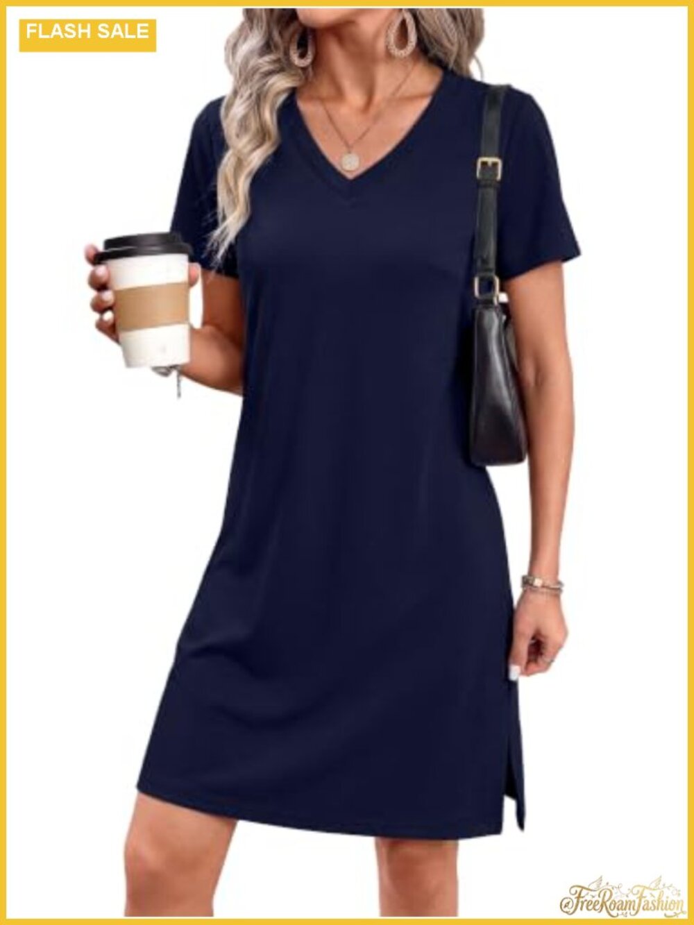 Women's V-Neck Casual Sundress Short Sleeve A-Line T-Shirt Dress